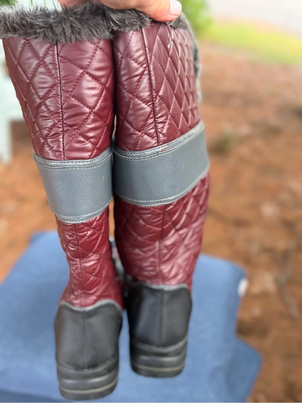 Women's Quilted Faux-Fur Winter Boots - Gray and Burgundy- waterproof
